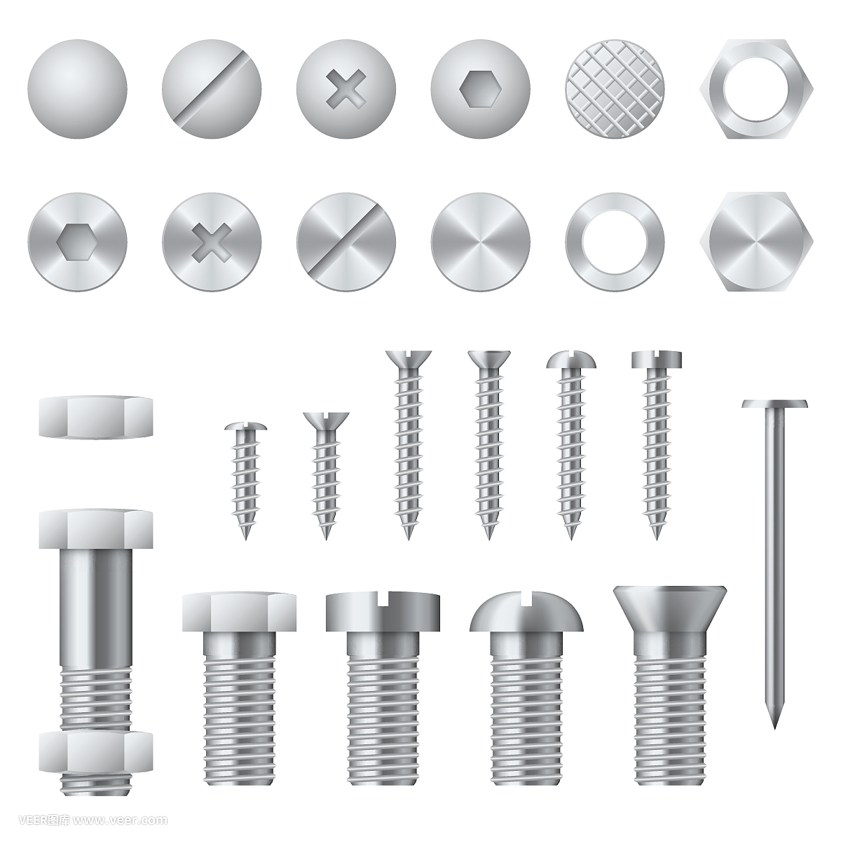 螺丝,螺栓,螺母,钉子和铆钉现实的矢量设计元素